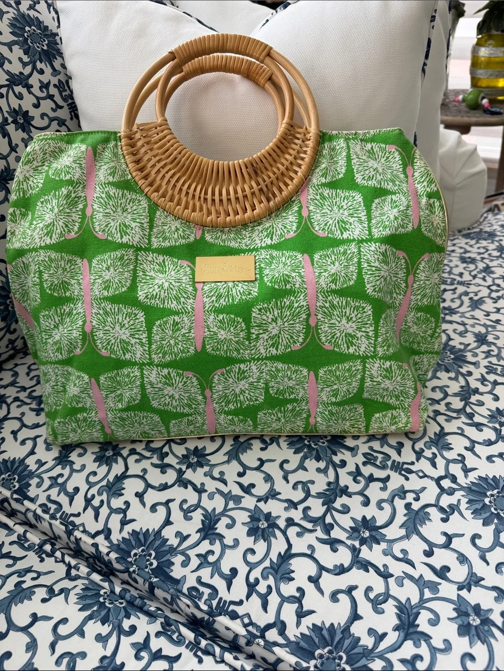 Lilly Pulitzer Green & Pink Patterned Tote with Woven Round Handles - Picture 1 of 5